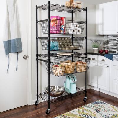 Black 3-Tier Adjustable Shelving Unit with Storage Drawers