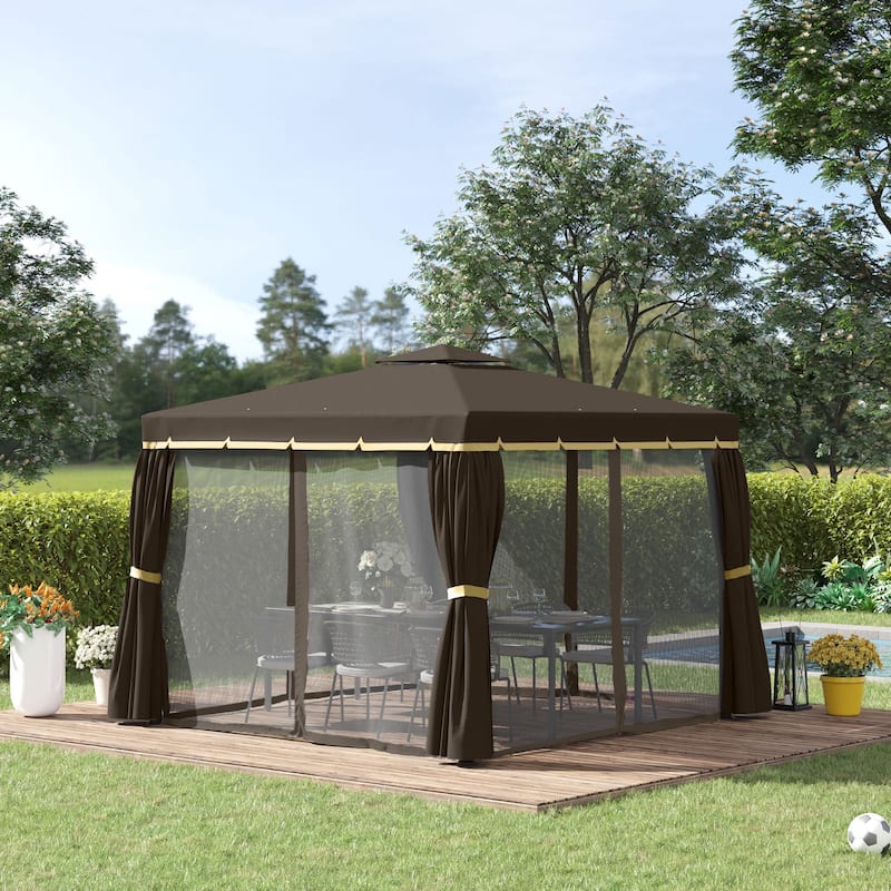 Modern Patio Gazebo Canopy Shelter with Aluminum Frame, Double Roof, Netting & Curtains,10' x 10'