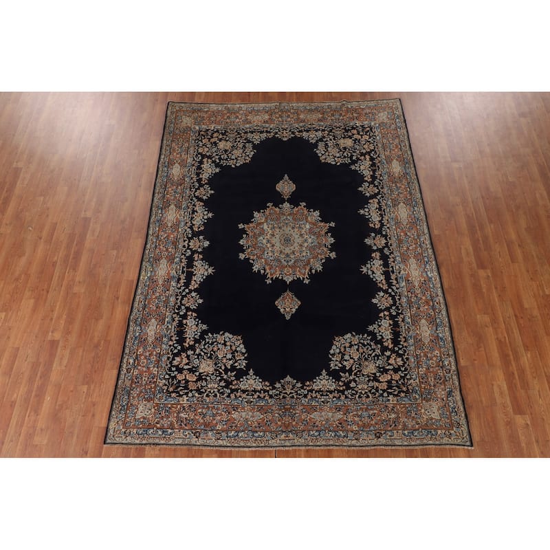 Navy Blue Floral Kerman Persian Antique Area Rug Handmade Wool Carpet - 6'11" x 9'7"