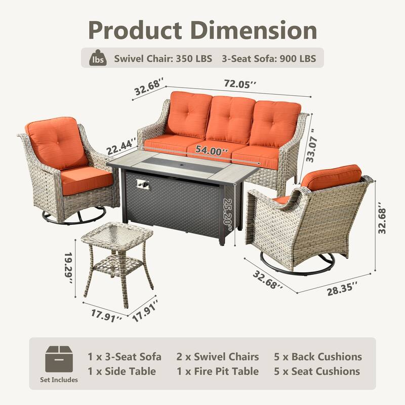 HOOOWOOO 5-piece Rattan Outdoor Patio High Back Swivel Chair Set with 54"Fire Pit