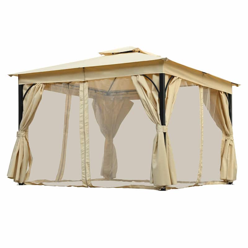 Outdoor Gazebo Tent with Double Roof, Mosquito Netting & Privacy Screens
