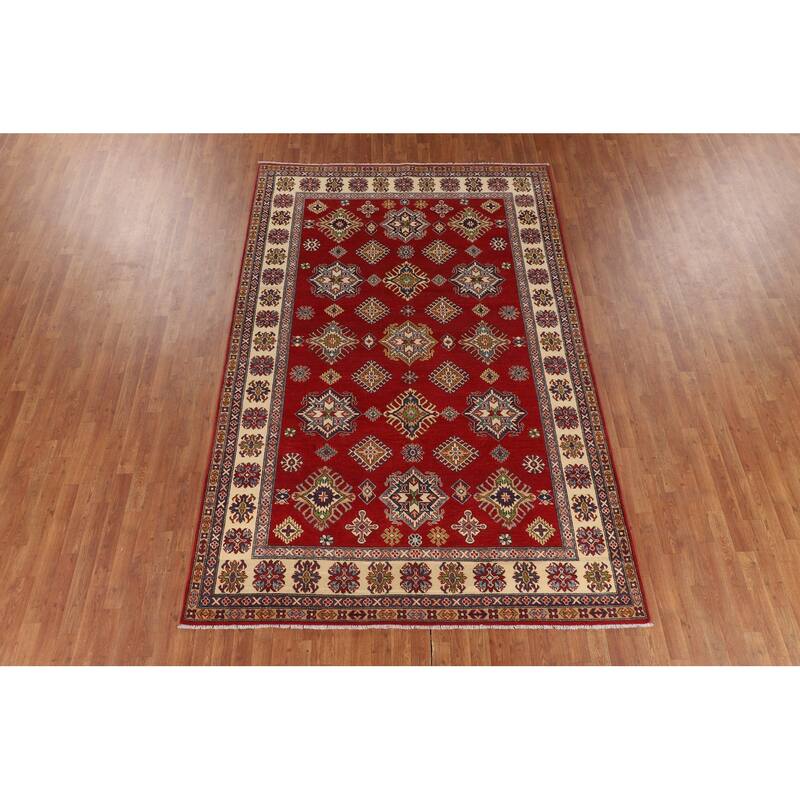 Geometric Kazak Area Rug Hand-Knotted Oriental Red Wool Carpet - 6'6" x 9'11"