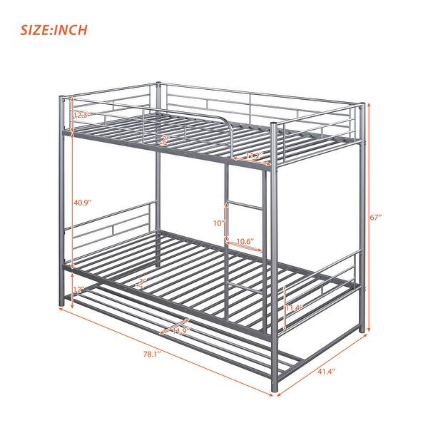 Twin Over Twin Metal Bunk Bed with shelf and Slatted Support, Metal