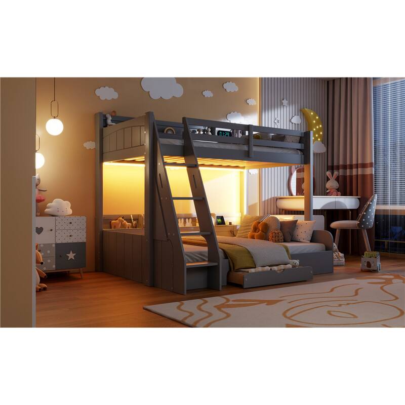 Roomfitters Twin Over Full Bunk Bed with Storage Shelves, LED and Charging Station