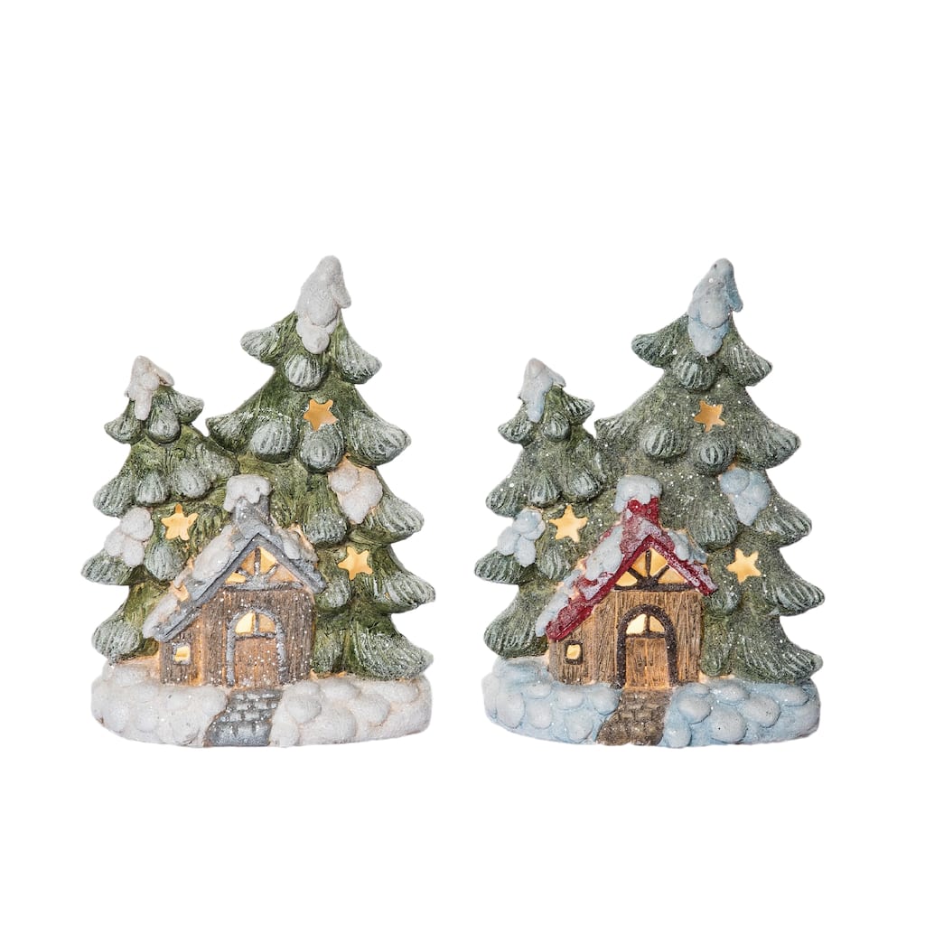 Transpac Resin Light Up Woodland Cottage Scene Figurine Set of 2 Christmas Home Decorations