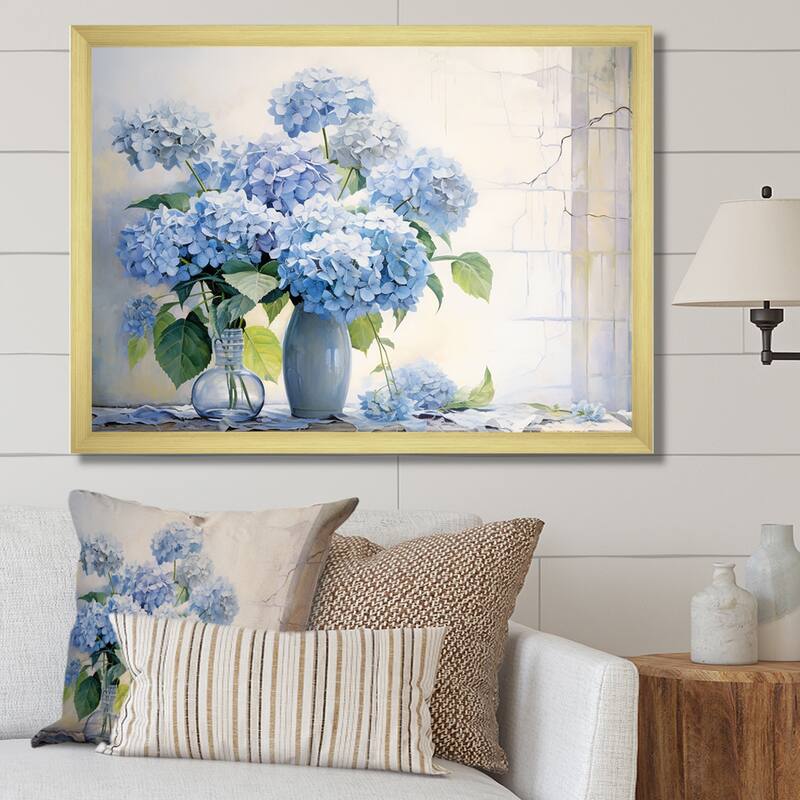 Designart "Blue Hydrangea Farmhouse Still Life " Hydrangea Framed Canvas Wall Art - 32 in. wide x 24 in. high - Gold