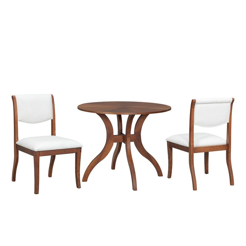 Mid-Century Modern Round Dining Table Set for 2, Wood Kitchen Table & 2 Chairs Set, Compact 3-Piece Dining Set for Small Spaces
