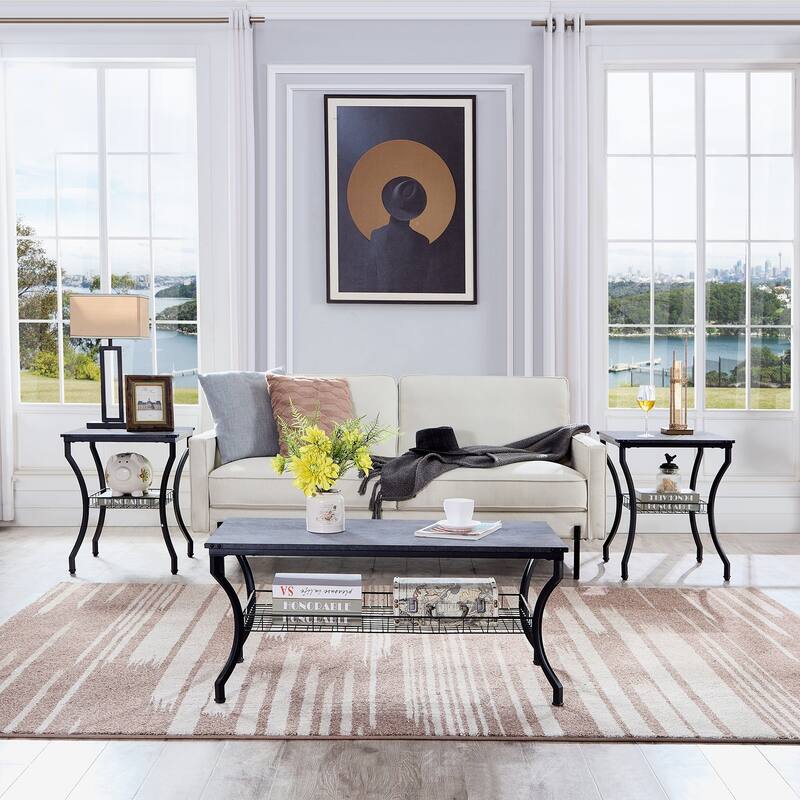 3-Piece Occasional Coffee Table Set, Vintage Living Room Set with 2 End Table - Charcoal Grey