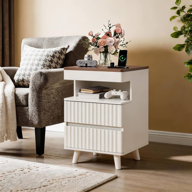 Modern Bedside Table with Gun Drawer,Bedside Table with Charging Station, 2 Drawers and Open Shelf,Side Table for Bedroom