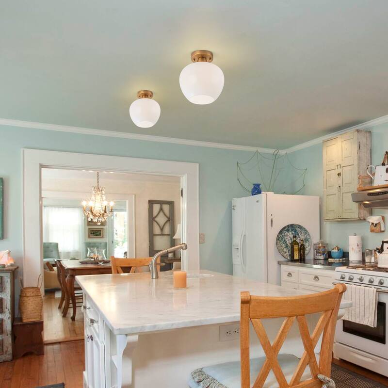 1-Light Gold Dome Flush Mount Ceiling Light with Opal Glass