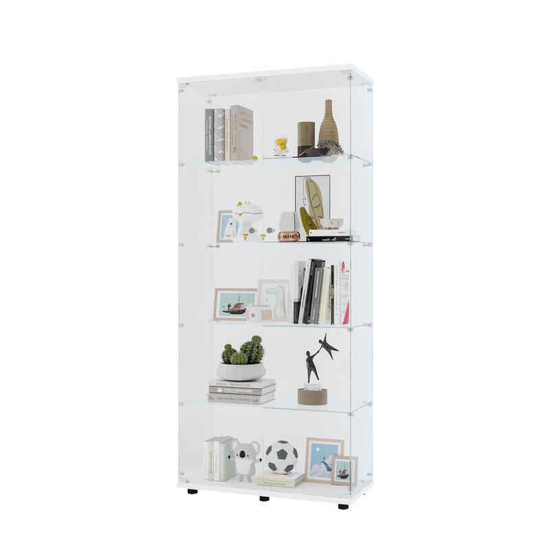 Floor Standing Glass Bookshelf Display Cabinet with 5 Shelves and Double Door