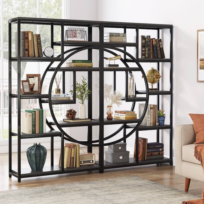 Industrial Etagere Bookcase with 8-Open Storage Shelf, Tall Geometric Book Shelves