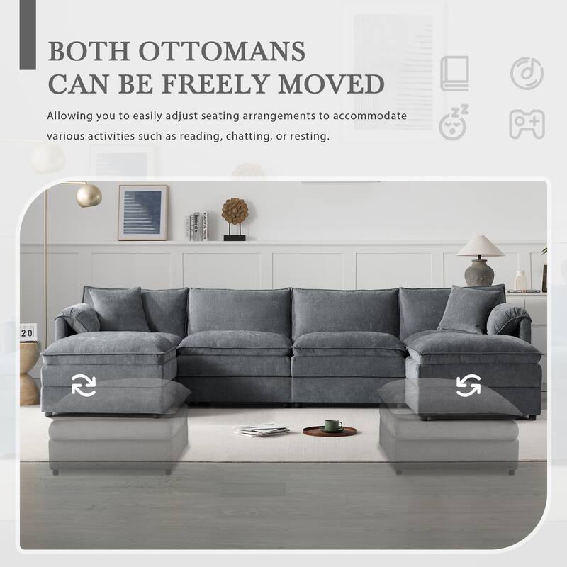 136" Chenille Modular Sectional Sofa, U Shaped, 6 Seat with Movable Ottomans, Dark Gray