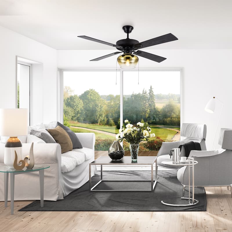 Suzane River of Goods Black Satin with Obre Glass Shade 52-Inch Ceiling Fan with Light - 52" x 52" x 14.25/19.25"
