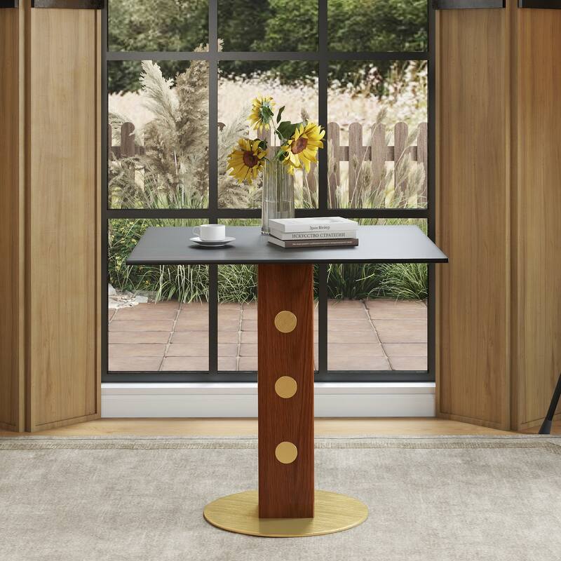 Modern Square Dining Table, 33.5" Sintered Stone Table with Wooden Leg & Gold Base, 2 - Person Kitchen Table for Small Space