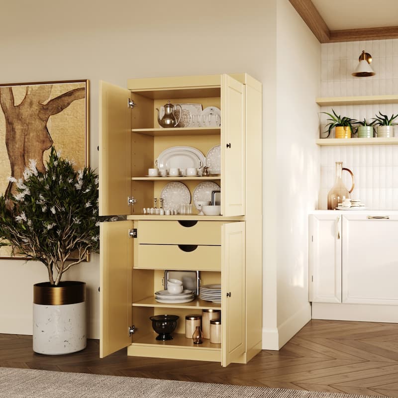 Solid Wood Tall Freestanding Kitchen Pantry Cabinet with Doors & 2 Drawers, Adjustable Shelves, Modular Storage, 32" W x 71.5" H - Yellow