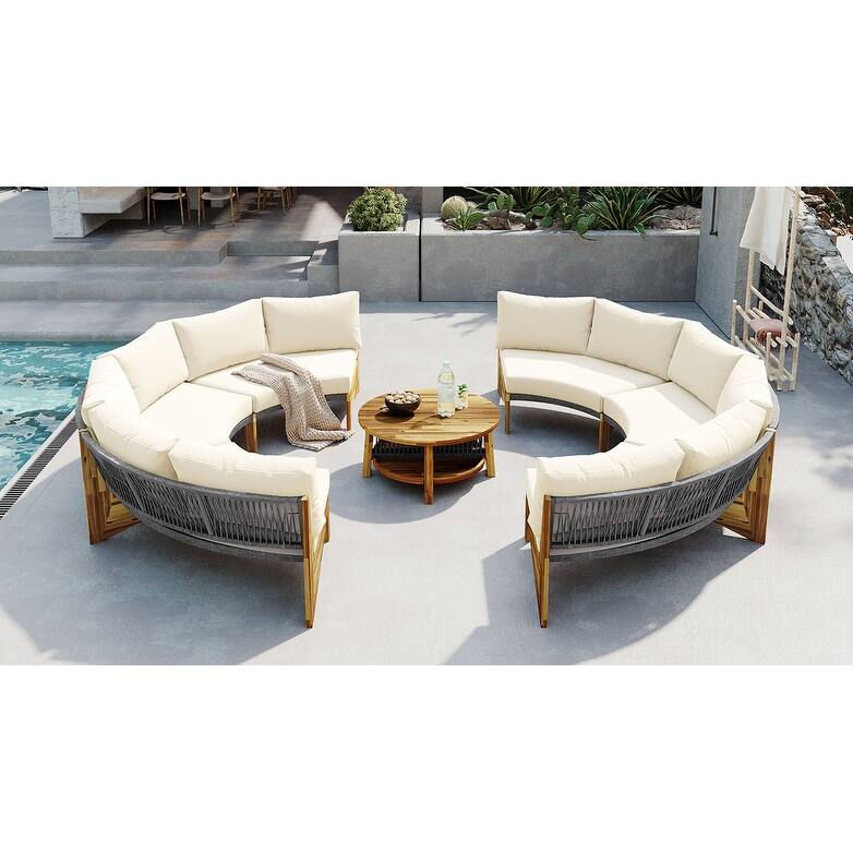 Outdoor 12-Seater Acacia Round Sectional Sofa Set with Coffee Table