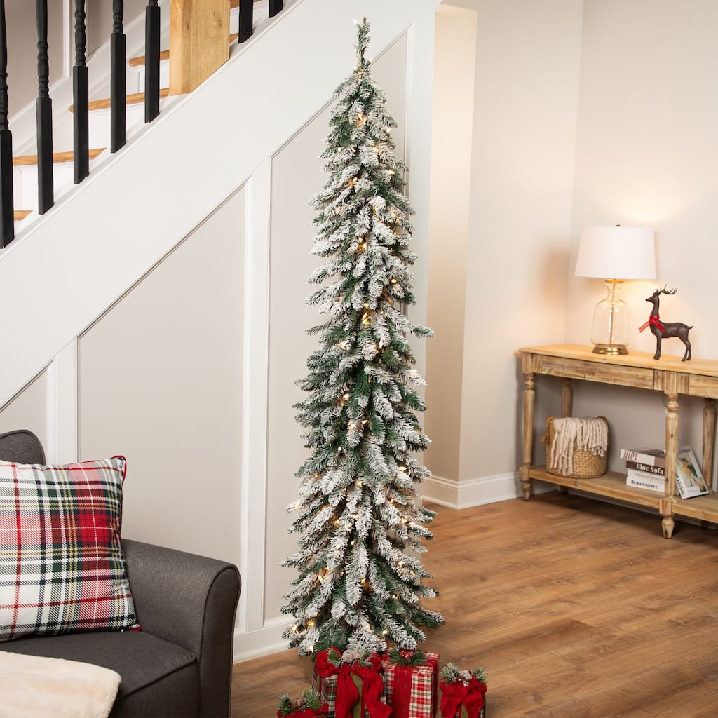 Pre-Lit Pencil Flocked Alpine Artificial Christmas Tree - 6' - Clear Lights - 6 Foot