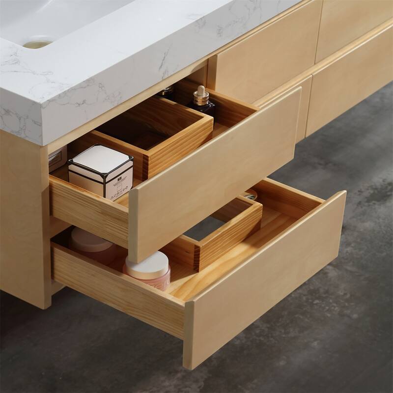 48 in./ 60 in. Solid Wood Wall-Mounted Bathroom Vanity Set in Maple with Engineered Stone Top and Ceramic Sink