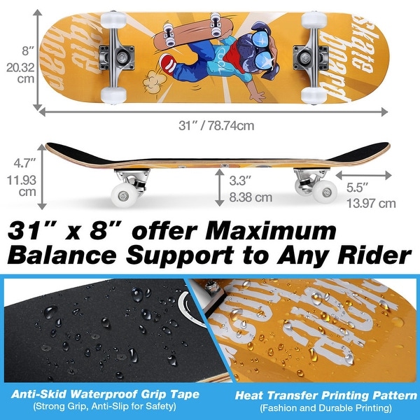 31 x 8 inch Complete Skateboard for Kids Teens Adults