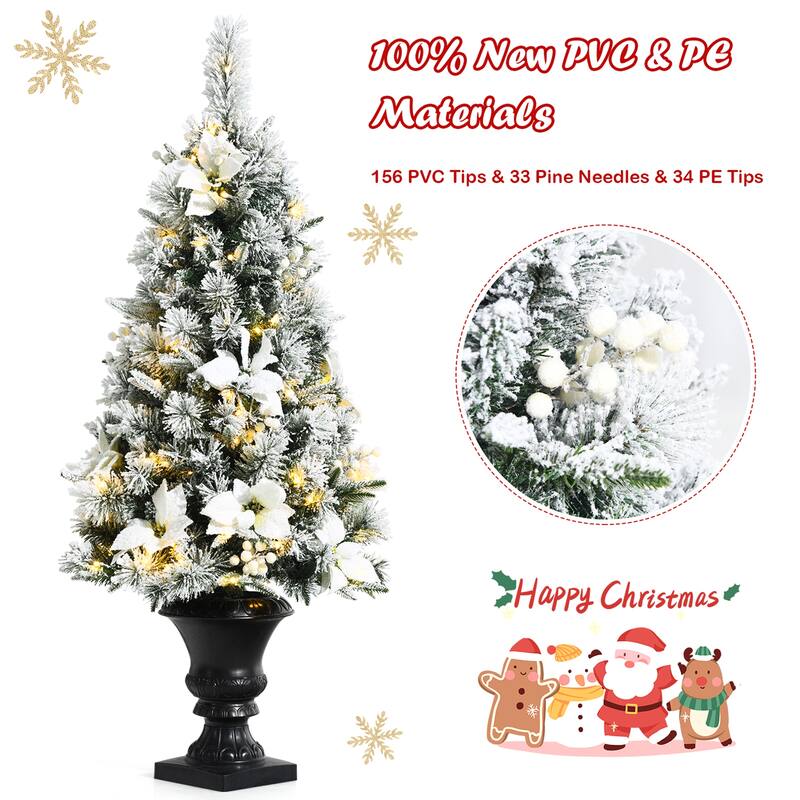 Gymax 4 FT Pre-lit Christmas Entrance Tree Snow Flocked Xmas Tree w/ - See Details