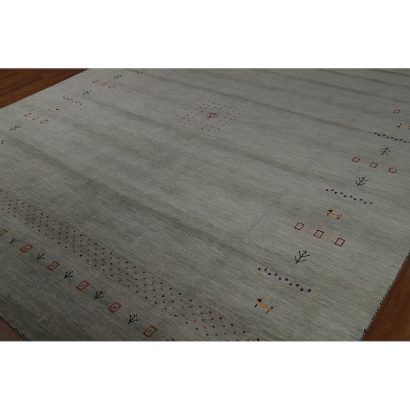 Hand Knotted Oriental 100% Wool Carpet Tribal Animal Pictorial Greys & Charcoal Gabbeh Area Rug - 9' 11'' X 8' 2''