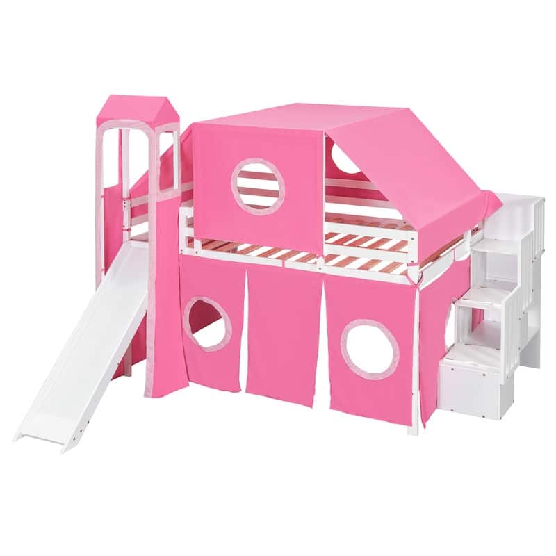 Full Size Loft Bed with Slide, Tent and Tower