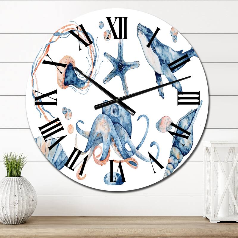 Designart 'Blue Ocean Fish Medusa Whale Seahorse Octopus' Nautical & Coastal wall clock - 23 In. Wide x 23 In. High