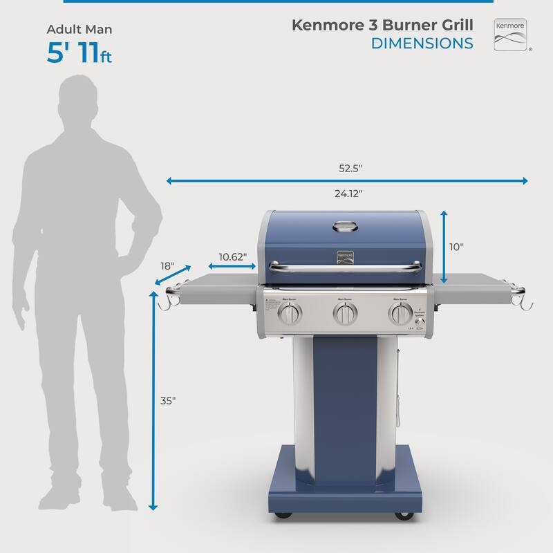 Kenmore 3-Burner Propane Gas Grill with Foldable Side Shelves