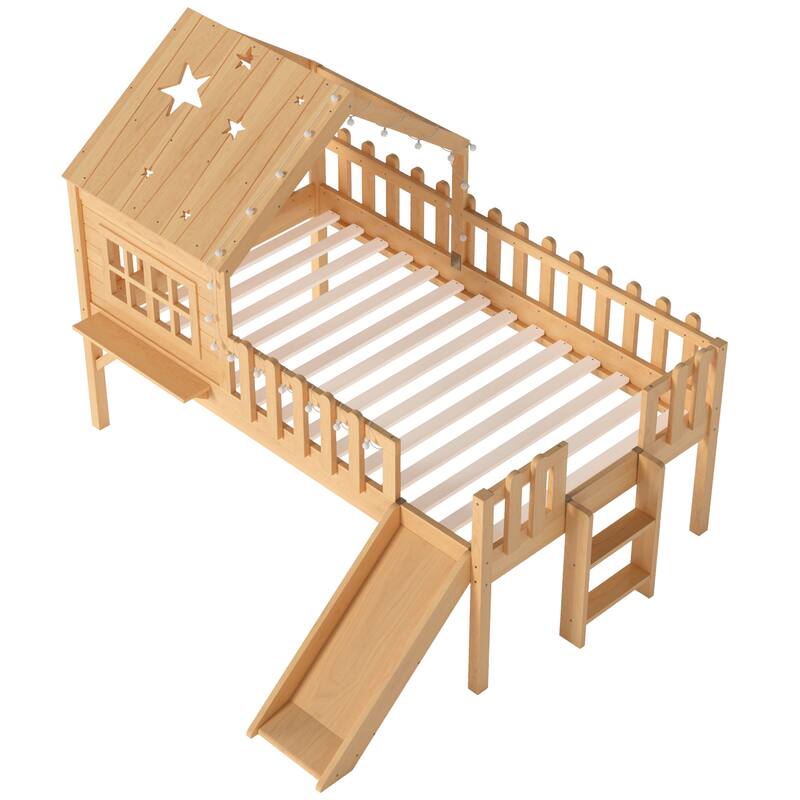 Twin Size House Loft Bed with Slide,Playhouse Bed with Star Moon-shaped Designs and Window, Chic Design with LED Lights