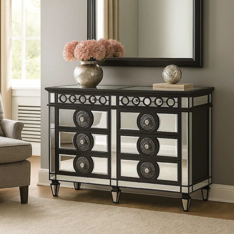 Koda 68 Inch 8 Drawer Wood Dresser, Mirror Trim, Sunburst, Black, Silver