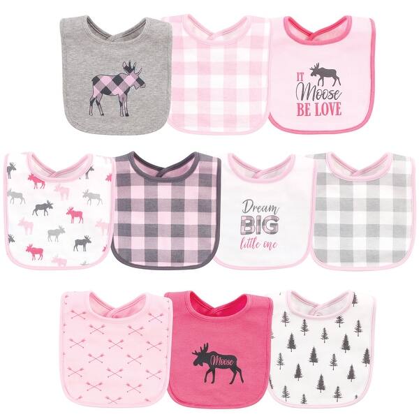 slide 1 of 1, Hudson Baby Infant Girl Cotton Bibs, Pink Plaid Moose, One Size - Pink Plaid Moose - One Size One Size - Pink Plaid Moose
