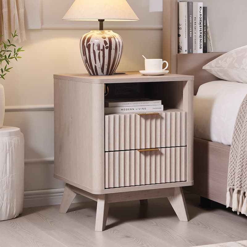 Modern Minimalist Side Table, Fluted Nighstand End Table for Bedroom - White Alder
