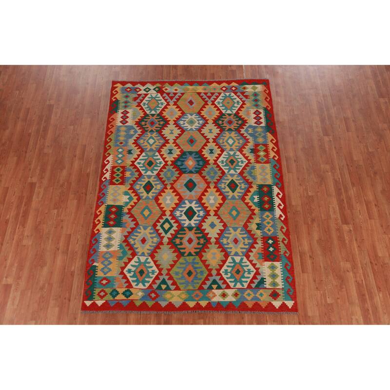 Hand Woven Oriental 100% Wool Carpet Southwestern Geometric Multi-Colored Kilim Area Rug - 8' 5'' X 5' 10''