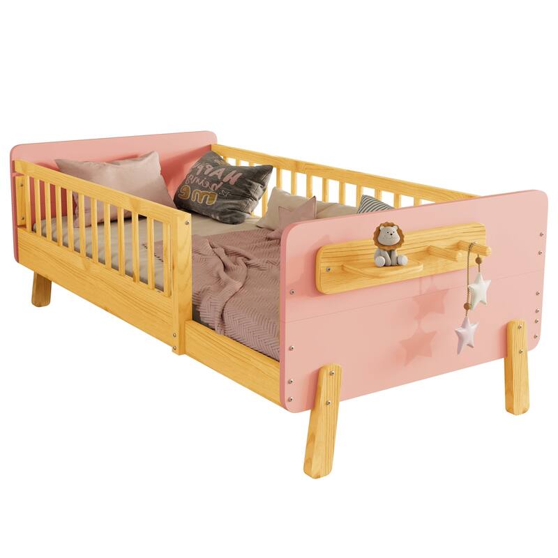 Kids Wood Platform Bed with Guardrails, Bottle Holder and 2 Hanging Rod, Convertible Toddler Daybed, Low Profile Design Frame