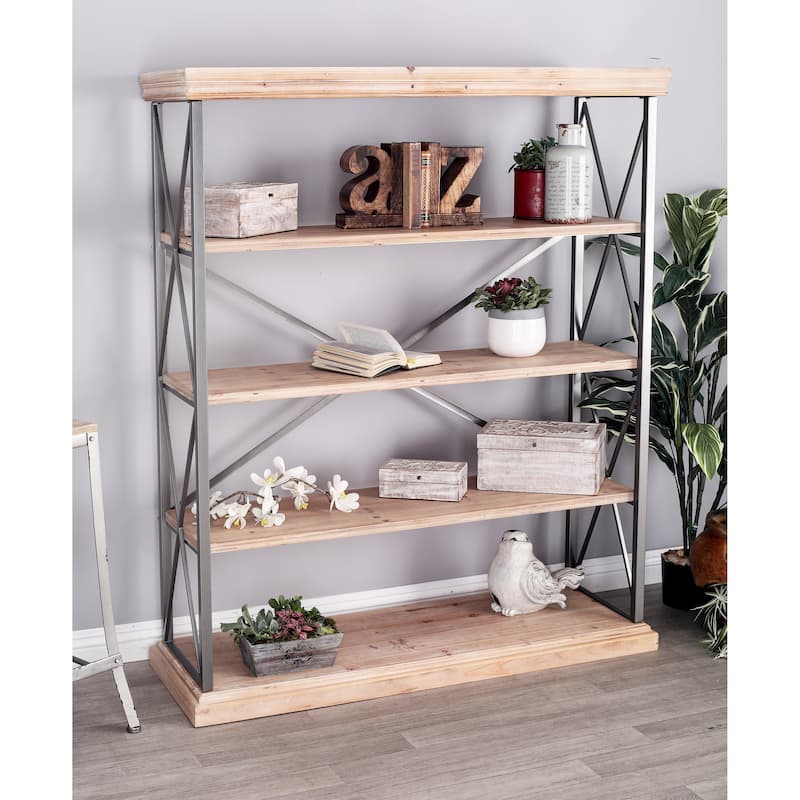 Wood 3 Shelf Shelving Unit with Gray Metal X-Frame - Brown - Roche River Decor
