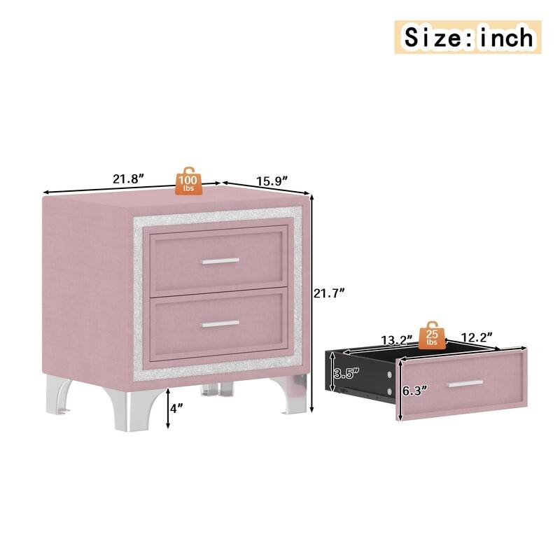 2-Drawer Nightstand with Metal Legs for Bedroom