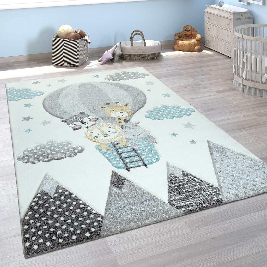 Nursery Rug for Kids Cute Animals on a Hot Air Balloon in Cream Blue