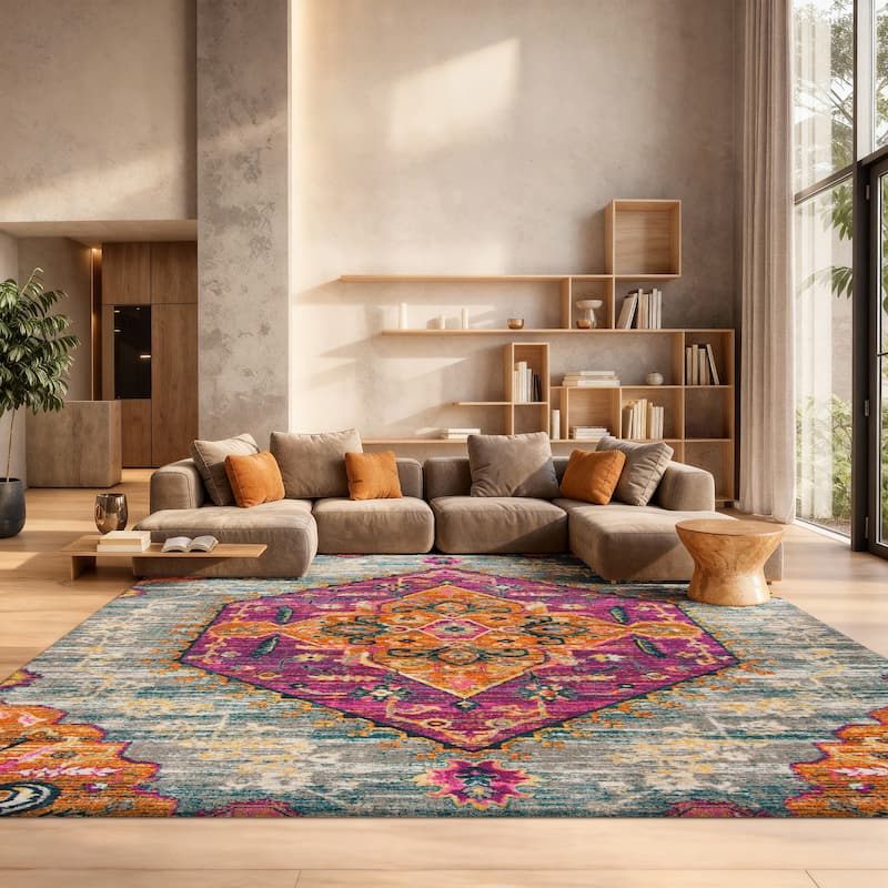 SAFAVIEH, Madison Beryl Vintage Boho Boho Oriental Rug - 8' x 10' - Light Grey/Fuchsia