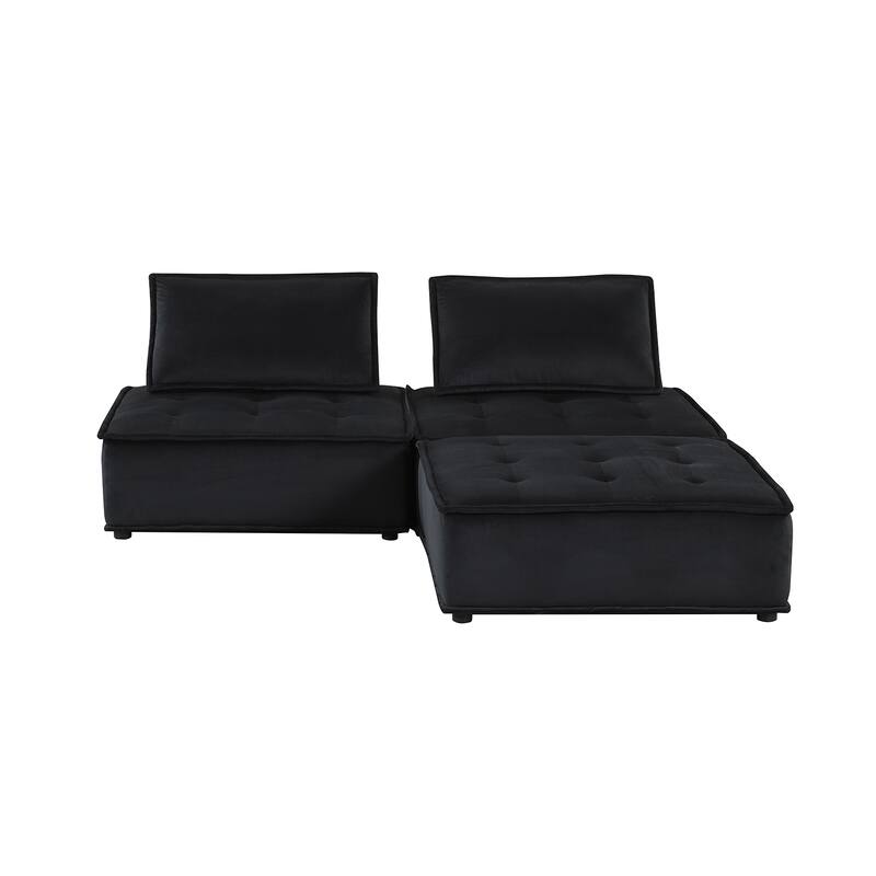 3 Piece Velvet Modular Sectional Sofa with Ottoman - Black