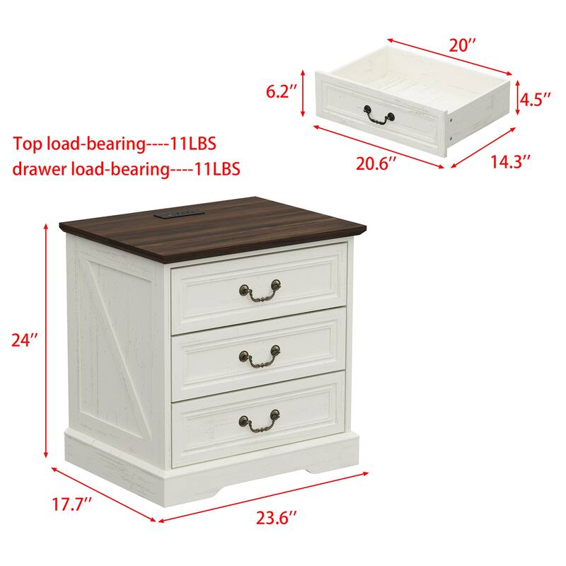 Farmhouse Nightstand with Charging Station, 3 Drawer Bedside Table with 2 AC Outlets & 2 USB Ports, Rustic Wood End Table