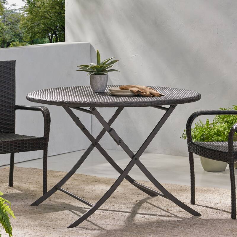 Rattan Round Dining Table Foldable Design Powder Coated Metal Outdoor - Brown Multi