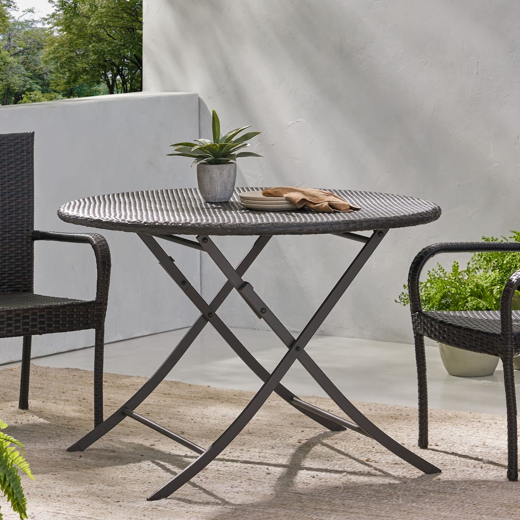 Riad Outdoor Wicker Round Foldable Dining Table with Unbrella Holeby Christopher Knight Home