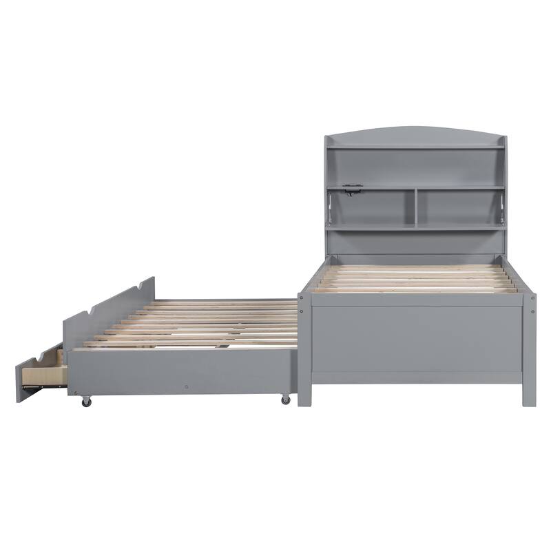 Wooden Platform Bed with Pull Out Trundle Bed and Drawers, All-in-One LED Headboard with Charging Station and Flip Up Storage