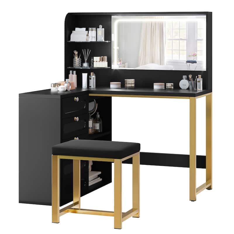 Moasis 48" L Shaped Makeup Vanity Set 5 Drawers with Lighted Mirror and Stool