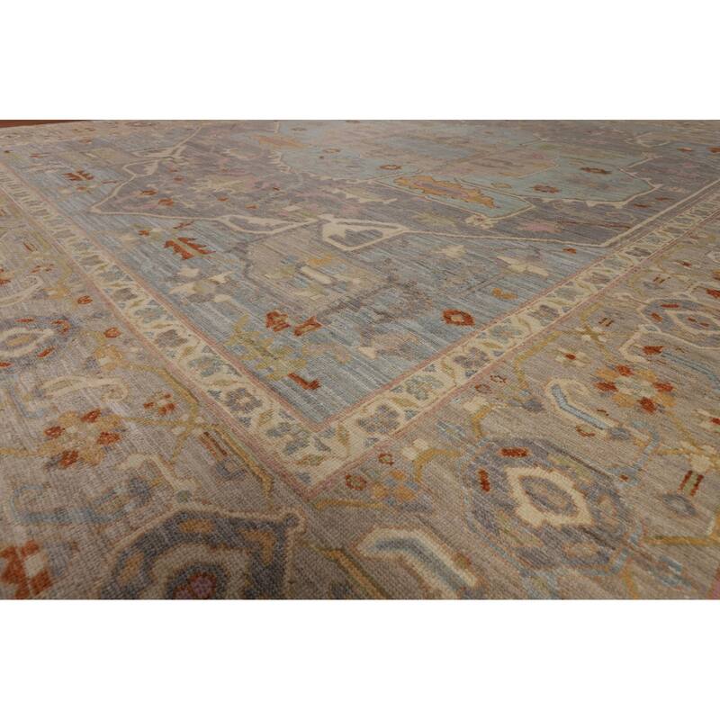 Geometric Gray Oushak Turkish Large Area Rug Hand-Knotted Wool Carpet - 12'1"x 14'6"