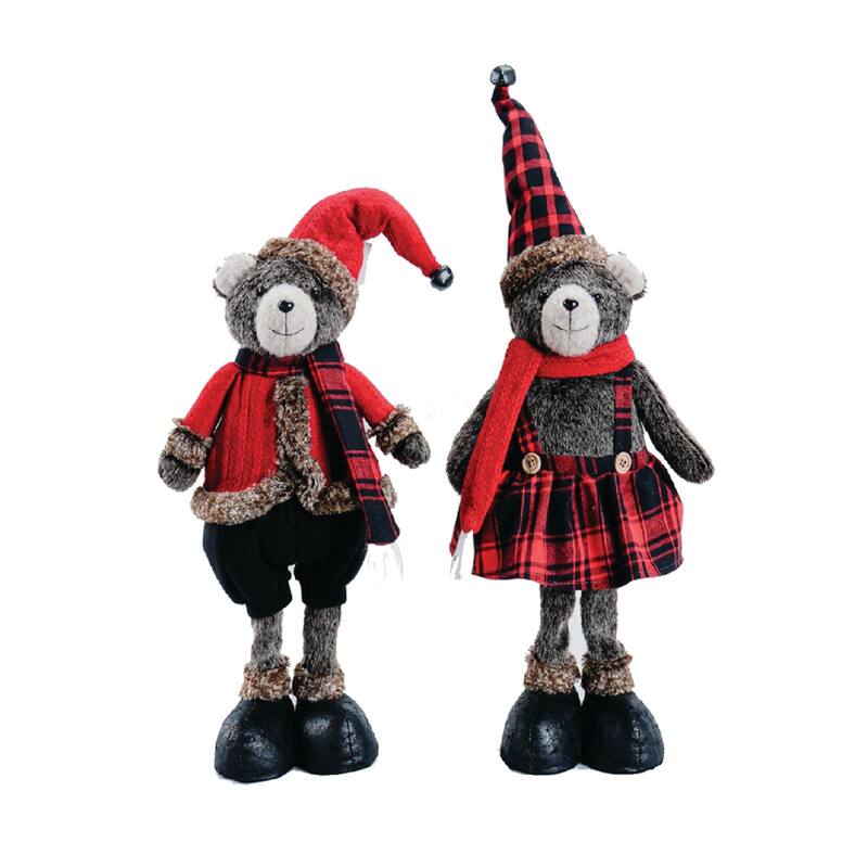Set of 2 Buffalo Plaid Bear Christmas Plush Figurines 25"