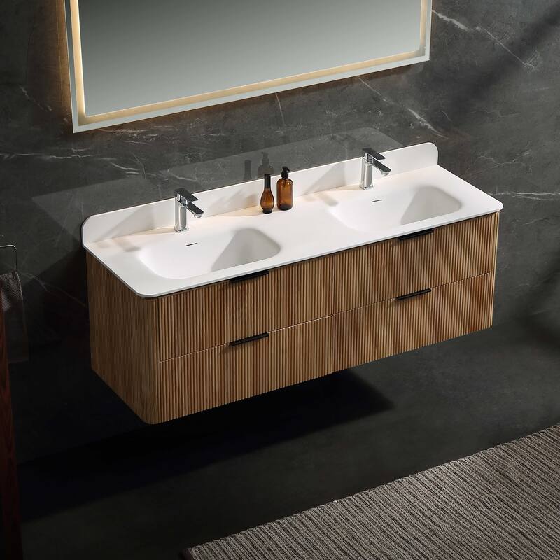 Modland 60" Natural Reeded Oak Wall-Mounted Double Sink Bathroom Vanity with Acrylic Top