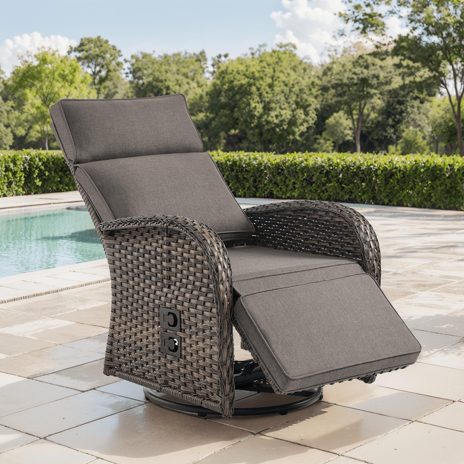 Pocassy Outdoor All-Weather Brown Wicker Chaise Lounge Chair Grey Cushion