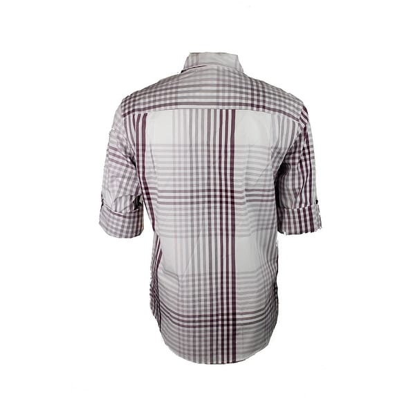Alfani Plum Roll-Tab-Sleeve Plaid Shirt S